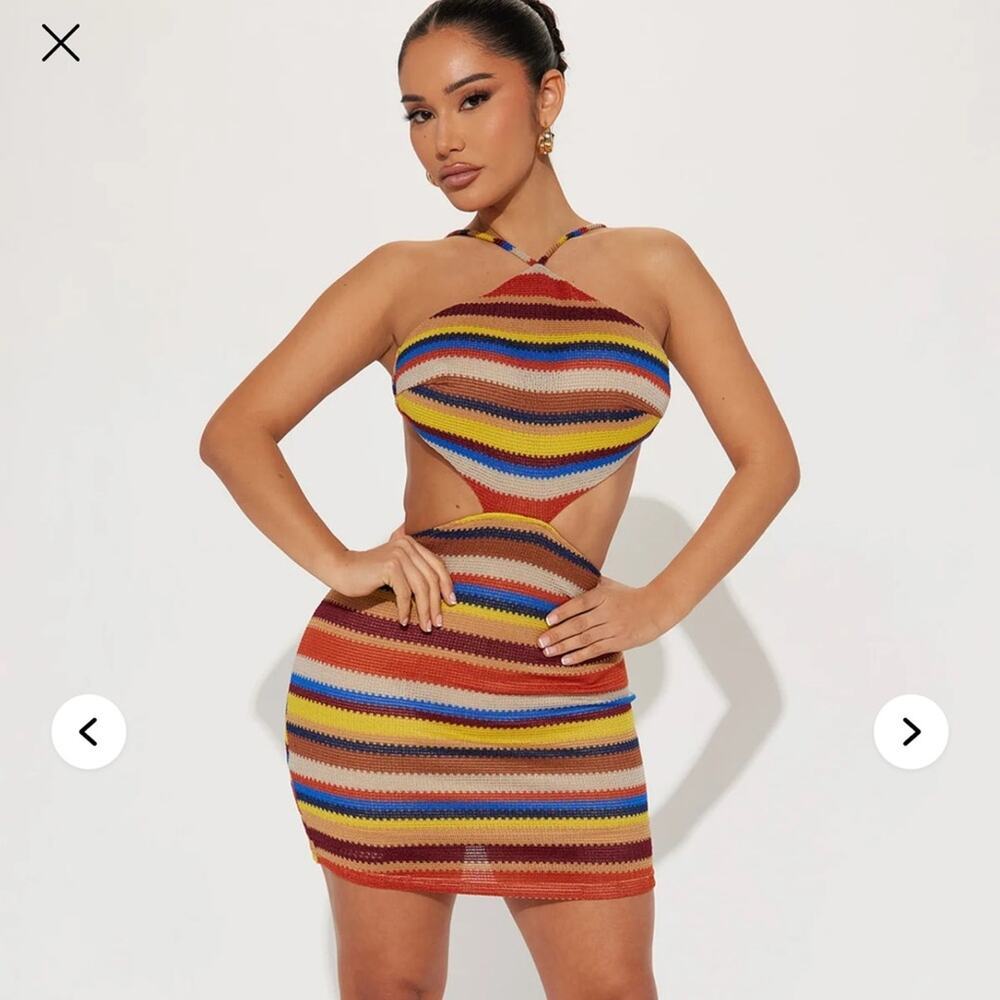 Fashion Nova “Baja Babe” Crochet Multicolor Striped Mini Dress